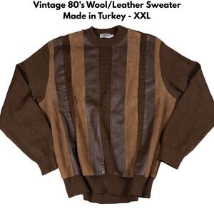 Vintage 80s Cuzzens Wool Leather Sweater XXL Brown Stripe Merino Blend Made in T